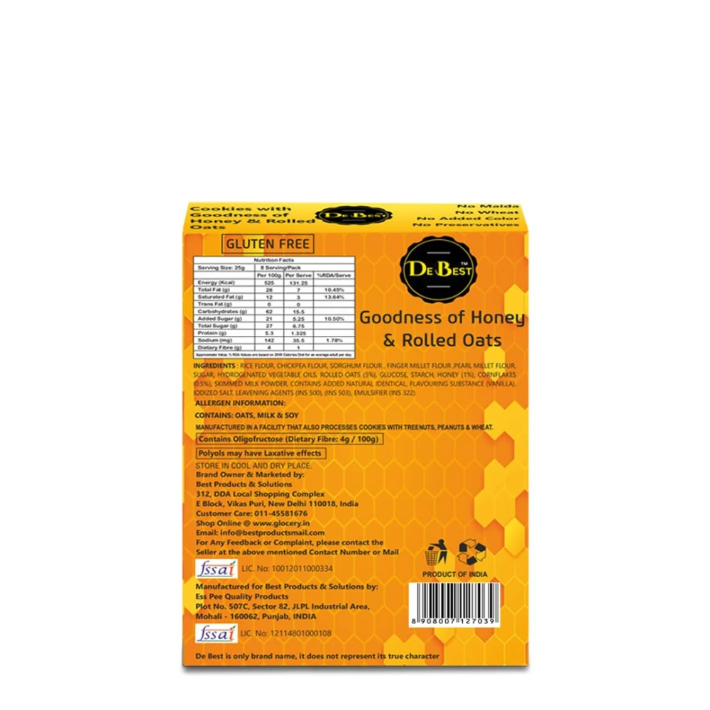 De Best Gluten Free Honey & Rolled Oats Cookies 200g - 100% Gluten Free