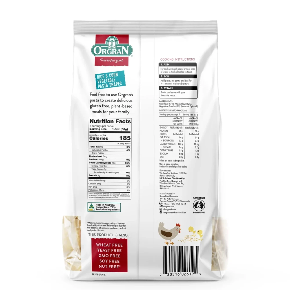 Orgran Rice & Corn Veg Pasta Animal Shape 350g